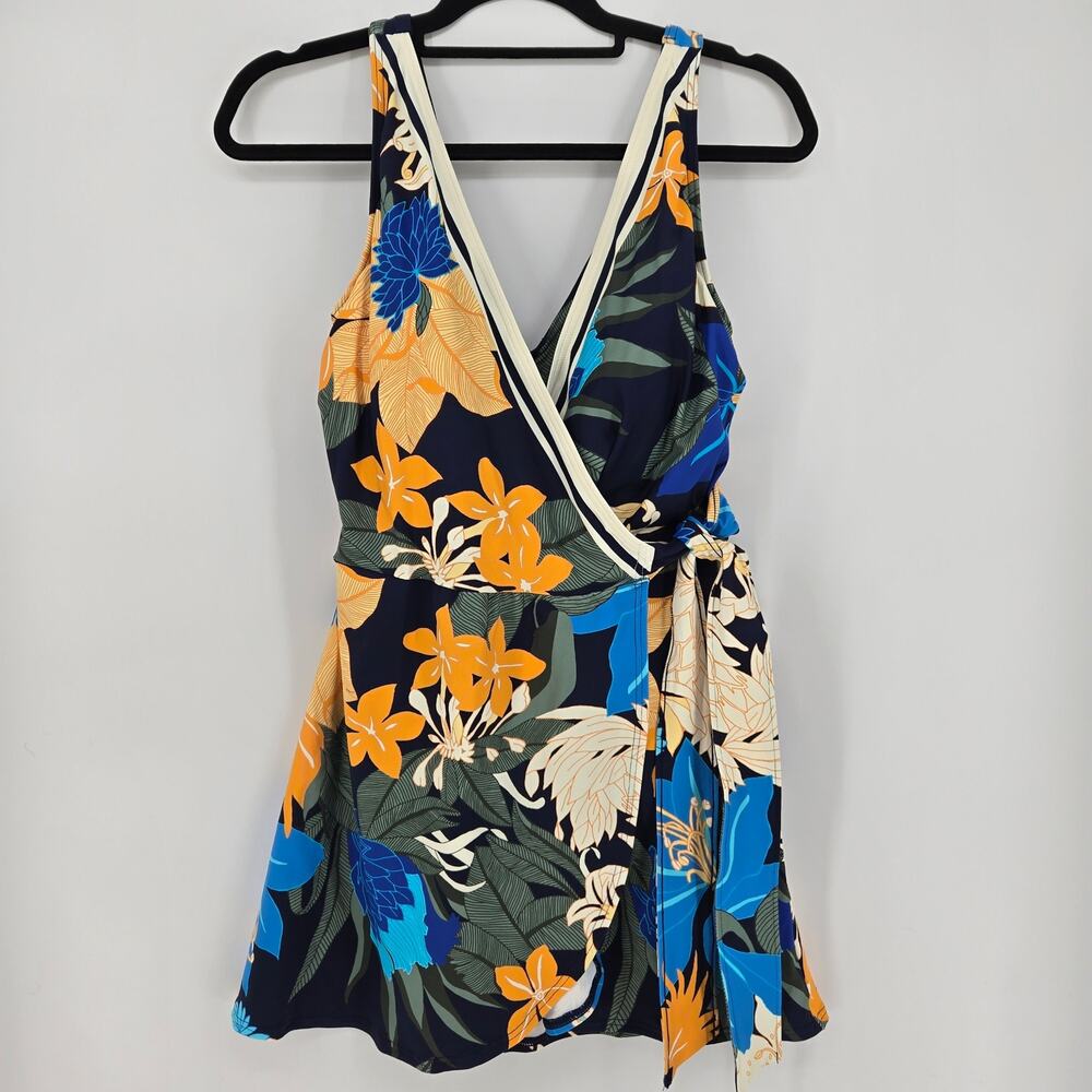 Land's End Side Tie Swim Dress, Swimsuit Navy, Floral, Size 12L